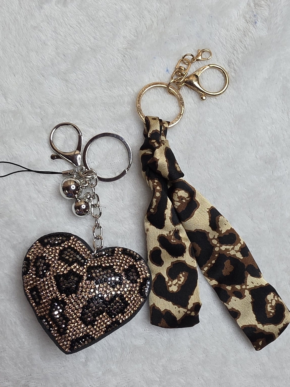 Leopard Print Heart Charm Keychain with Scarf Tie - Gold and Brown